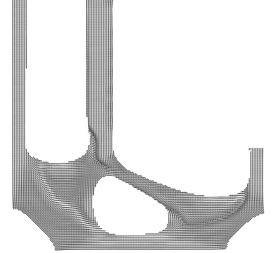 Published numerical result: local material directions follow the branches of an optimized L-shaped bracket.